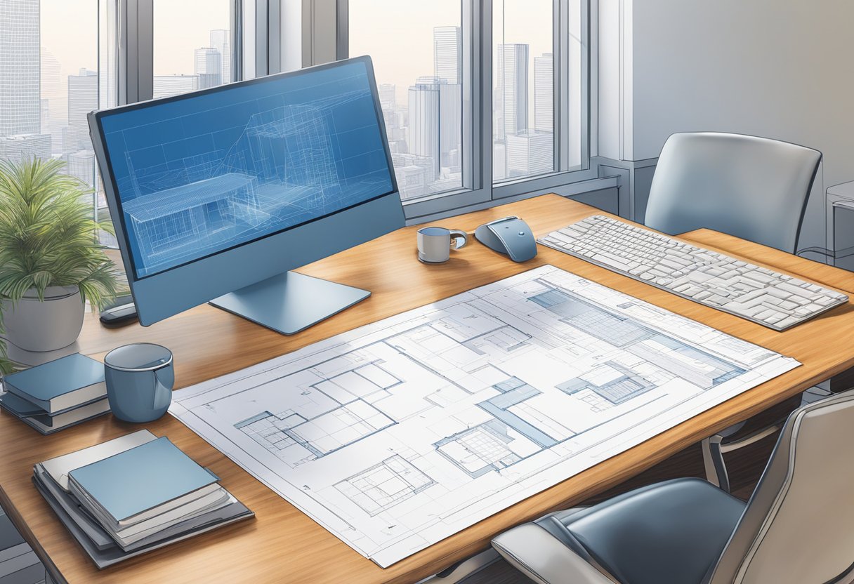 An architect's blueprint and a computer with architectural software on a desk in a small, modern office