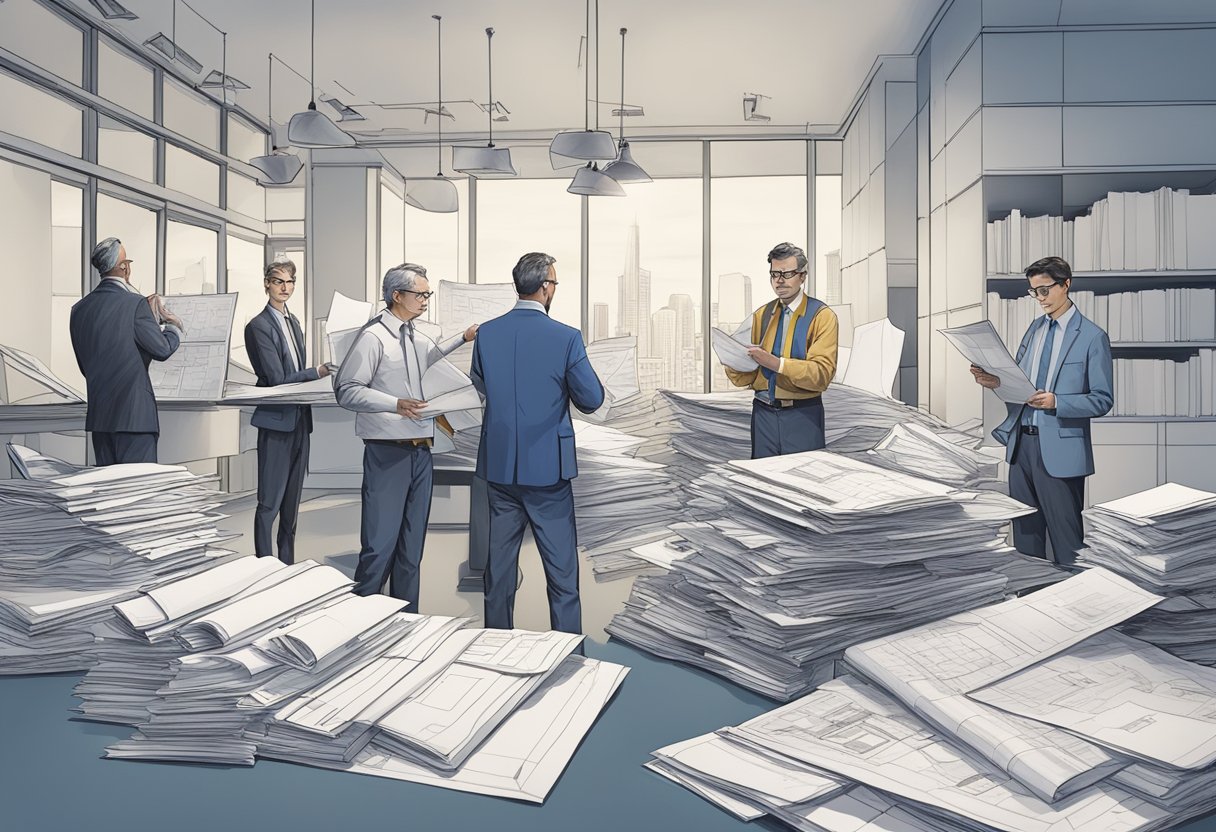 An architect reviewing blueprints with a team of professionals, while another architect struggles with a disorganized pile of paperwork