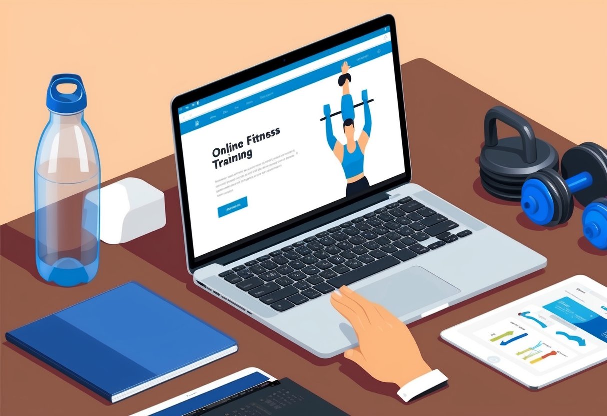 A laptop open on a desk, displaying a website for online fitness training. A water bottle and workout equipment nearby