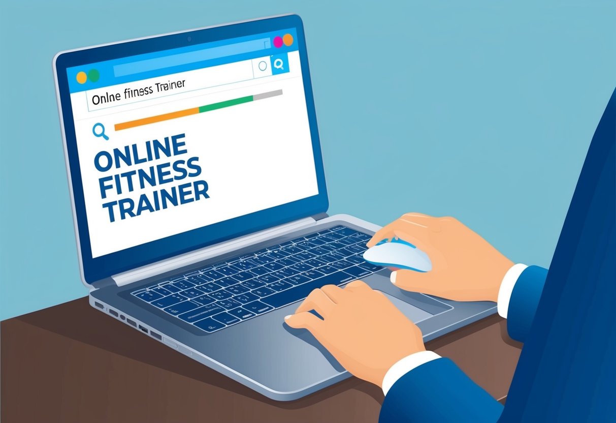 A laptop open on a desk, displaying a search engine with the words "online fitness trainer" typed in the search bar. A person's hand is reaching for the mouse
