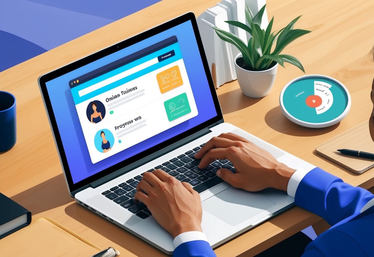 A laptop open to a fitness website, with a search bar for online trainers and progress tracking tools visible on the screen