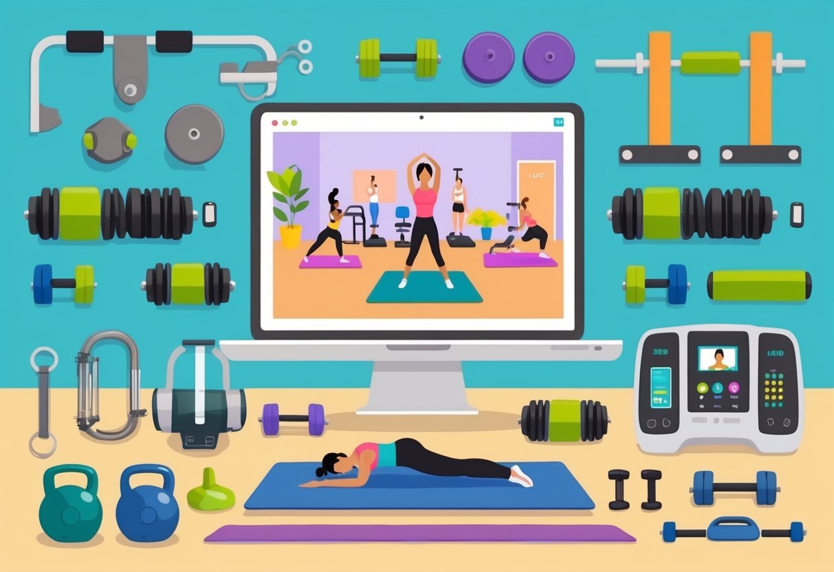 A diverse array of workout equipment and activities, including weights, yoga mats, and cardio machines, set against a backdrop of a virtual fitness class on a laptop screen