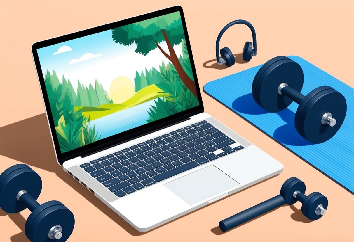 A laptop displaying a serene nature scene with a yoga mat and dumbbells nearby