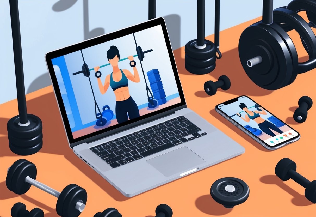 A laptop displaying a virtual fitness trainer leading a workout, surrounded by exercise equipment and a smartphone streaming a live training session