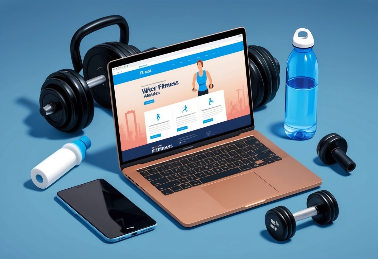 A laptop open to a fitness website, surrounded by workout equipment and a water bottle