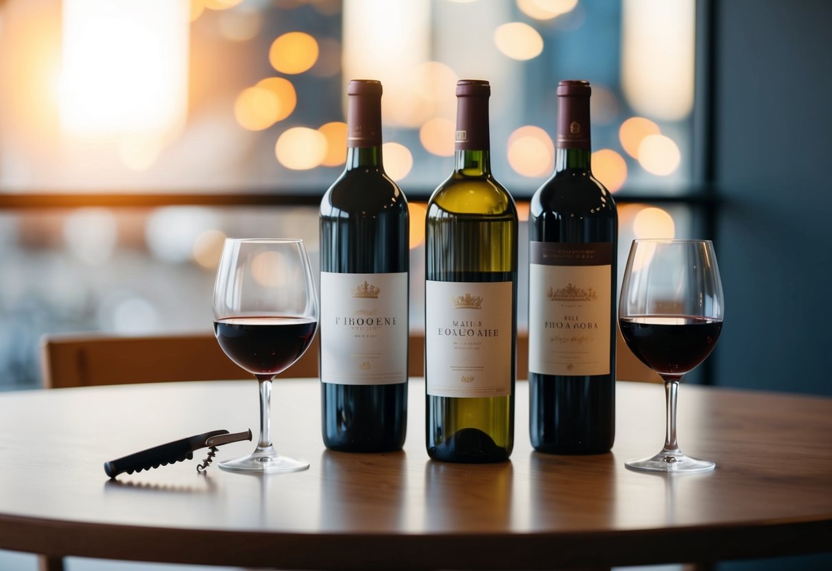 A table with three bottles of red wine, a wine glass, and a corkscrew