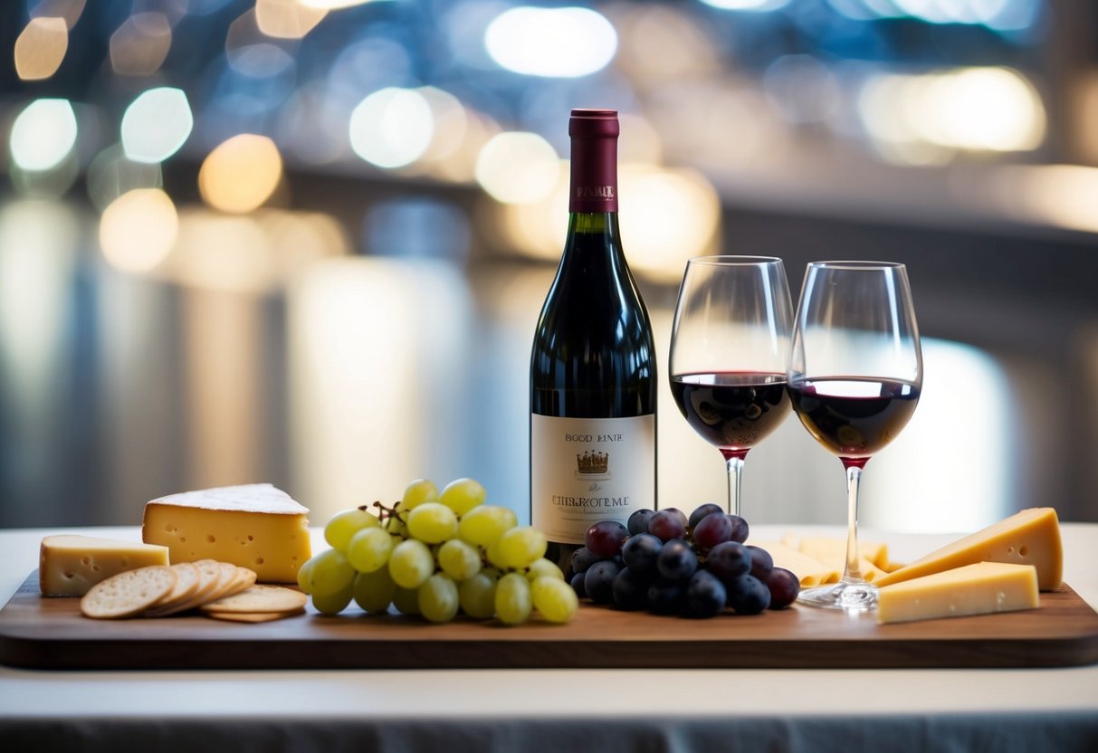 A table set with a spread of cheese, charcuterie, and grapes, accompanied by a bottle of red wine and two glasses