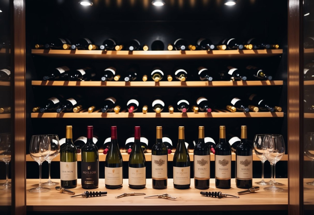 A dimly lit cellar with rows of expensive wine bottles displayed on wooden shelves, surrounded by elegant wine glasses and corkscrews