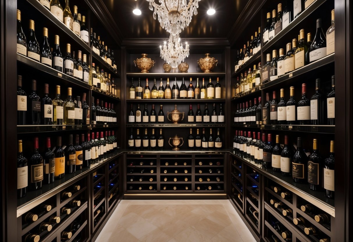 A lavish wine cellar filled with rare and expensive bottles, elegant glassware, and opulent decor, exuding an aura of sophistication and luxury