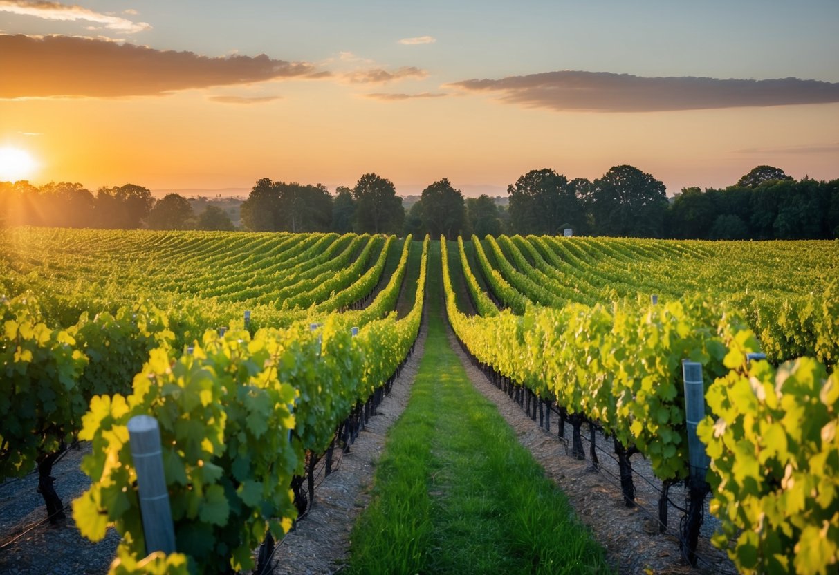 Lush vineyard with rows of grapevines under a golden sunset, showcasing top-rated organic wines