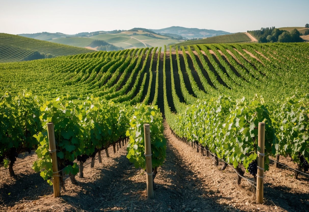 A vineyard with rows of lush, organic grapevines stretching across rolling hills, each region marked by unique landscape and climate