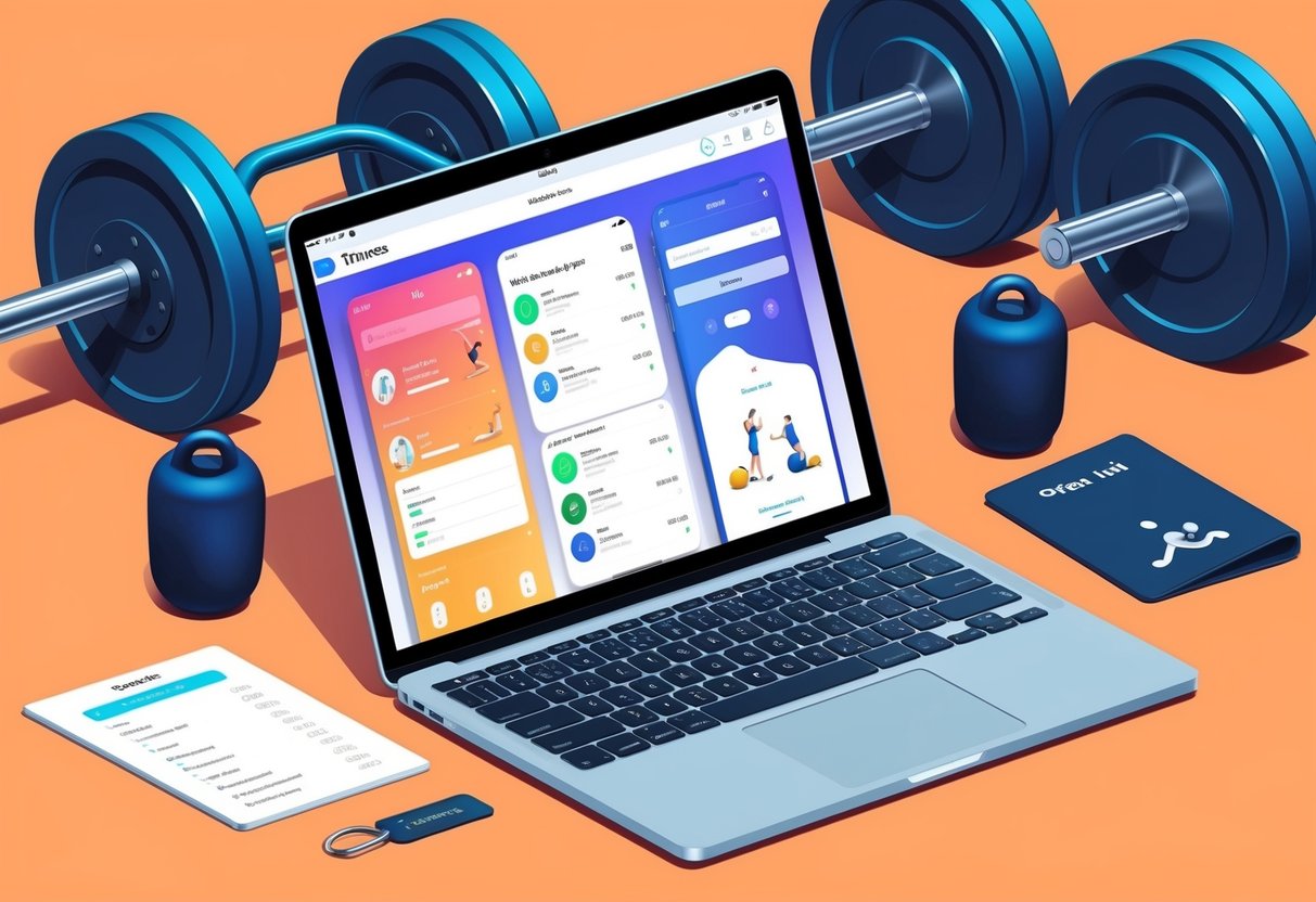 A laptop with a fitness app open, surrounded by workout equipment and a price list