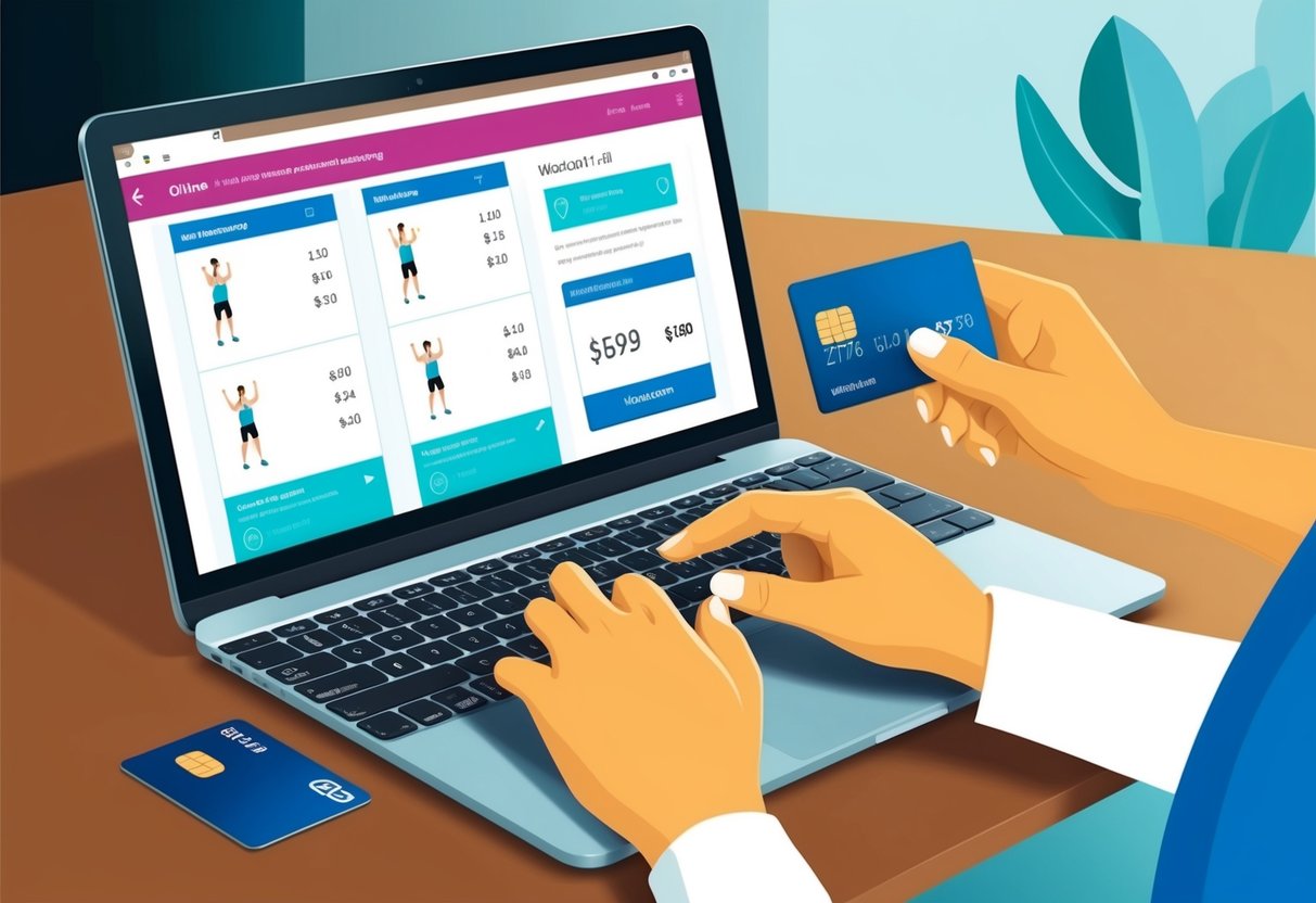 A laptop with a fitness app open, showing workout plans and pricing options for online personal training. A person's hand holding a credit card nearby