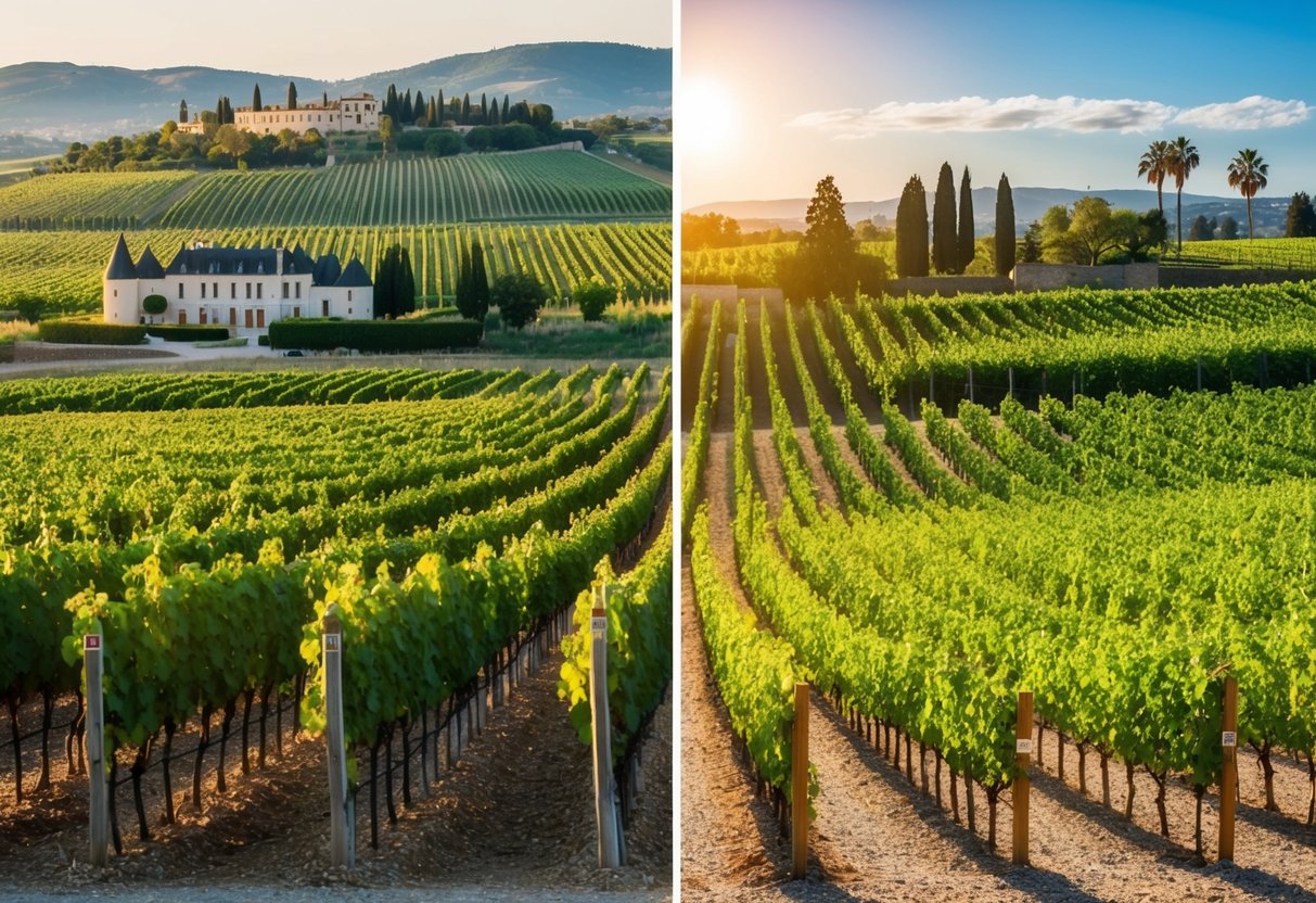 A vineyard in France with rolling hills and chateaus in the background, contrasted with a vineyard in California with sunny skies and palm trees