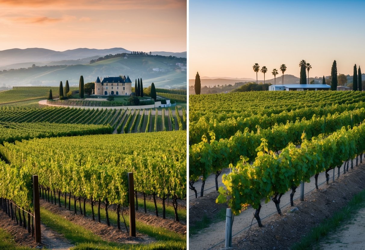 A vineyard in France with rolling hills and chateaus in the background, contrasting with a California vineyard with palm trees and modern winemaking facilities