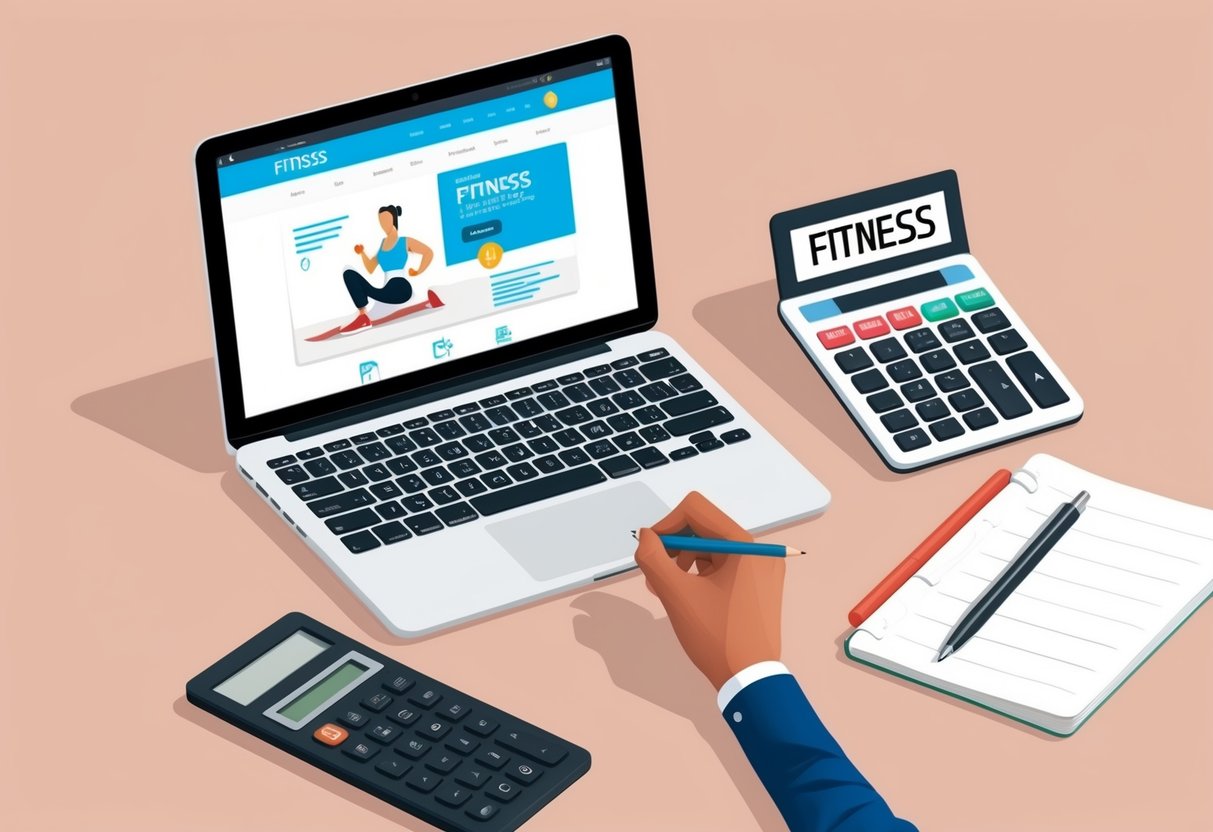 A laptop open to a fitness website, with a calculator and pen nearby