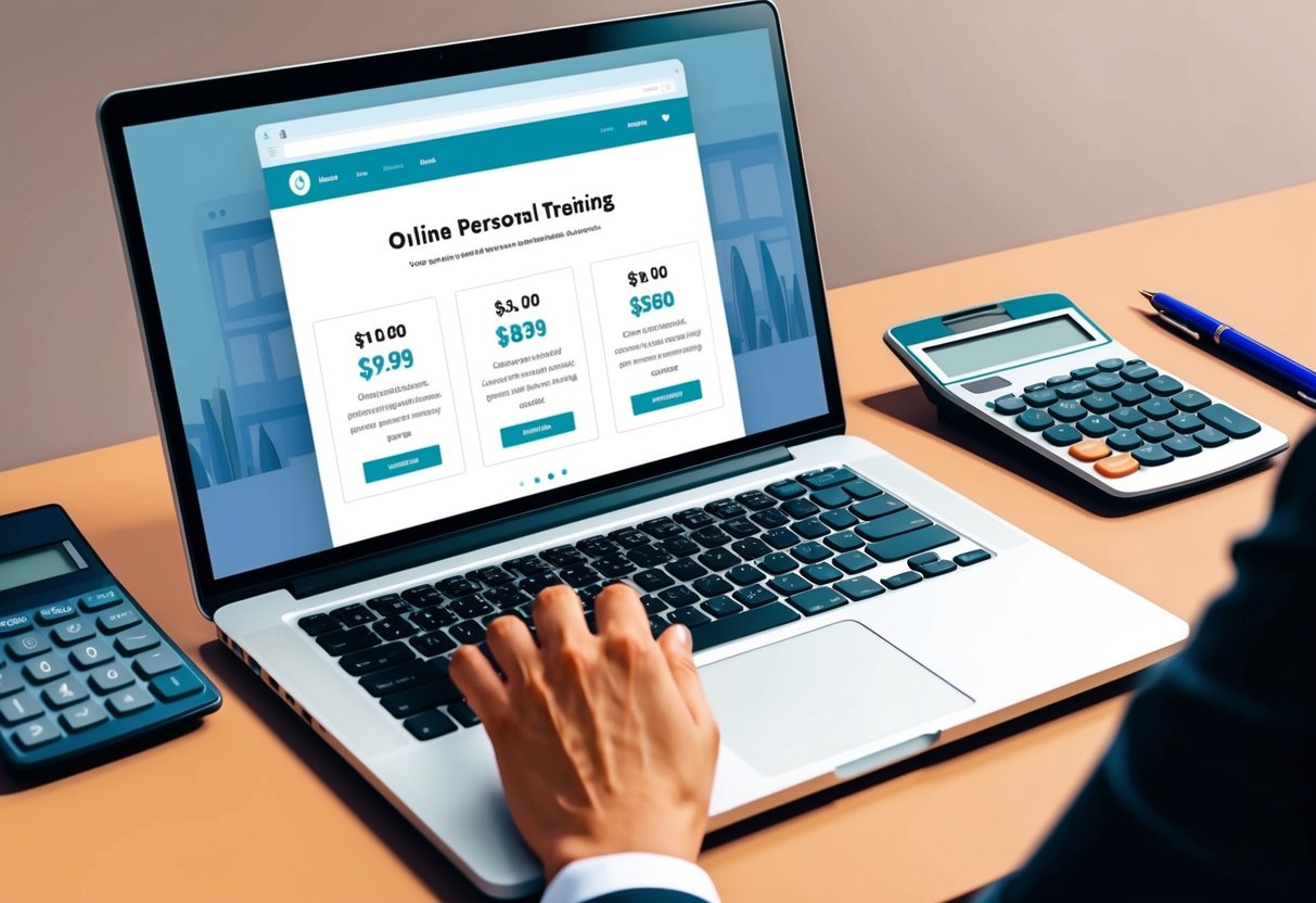 A laptop open on a desk, showing a website with different pricing options for online personal training. A calculator and pen sit nearby