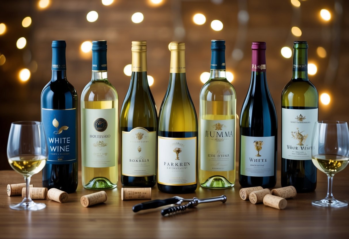 A table with various bottles of white wine under $20, surrounded by wine glasses and a corkscrew