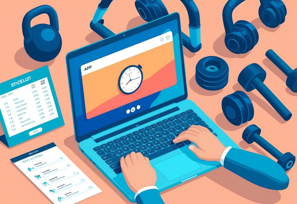 A laptop with a fitness app open, surrounded by workout equipment and a price list