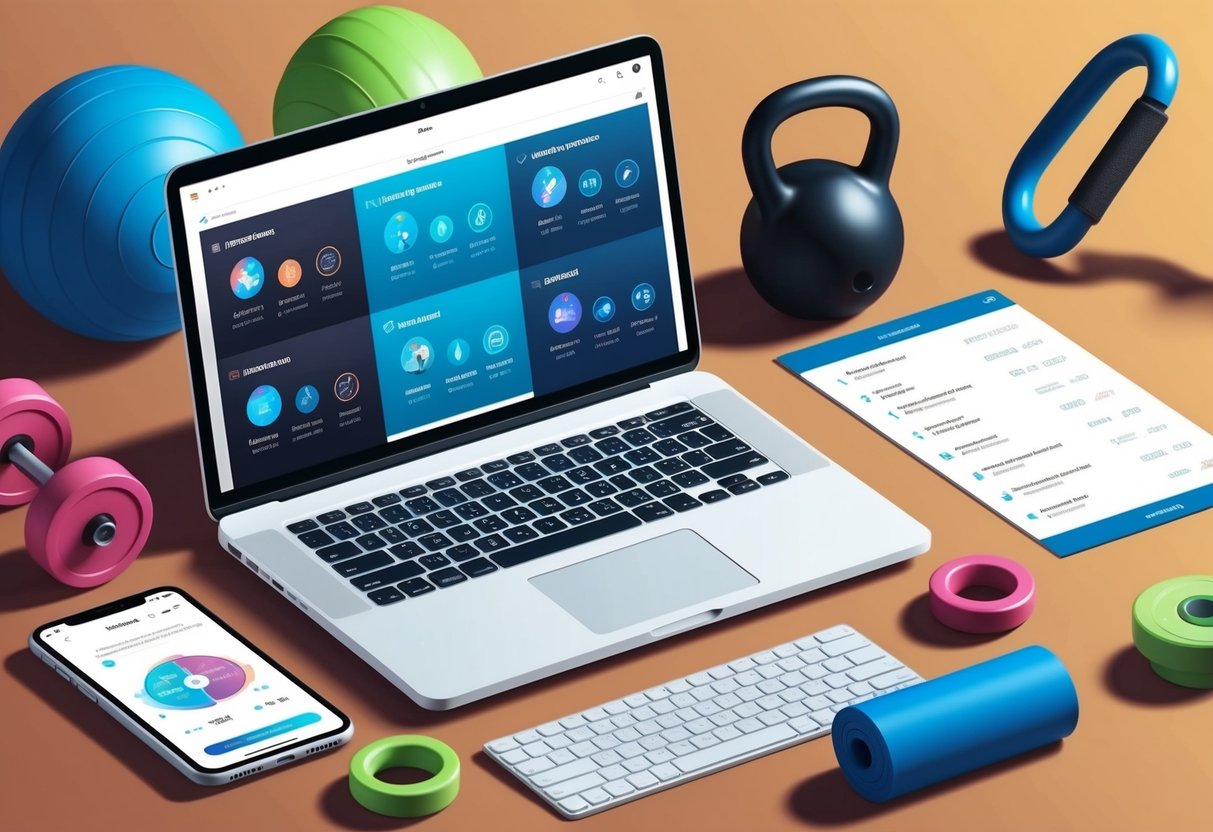 A laptop with a fitness app open, displaying various training programs and services, surrounded by workout equipment and a price list