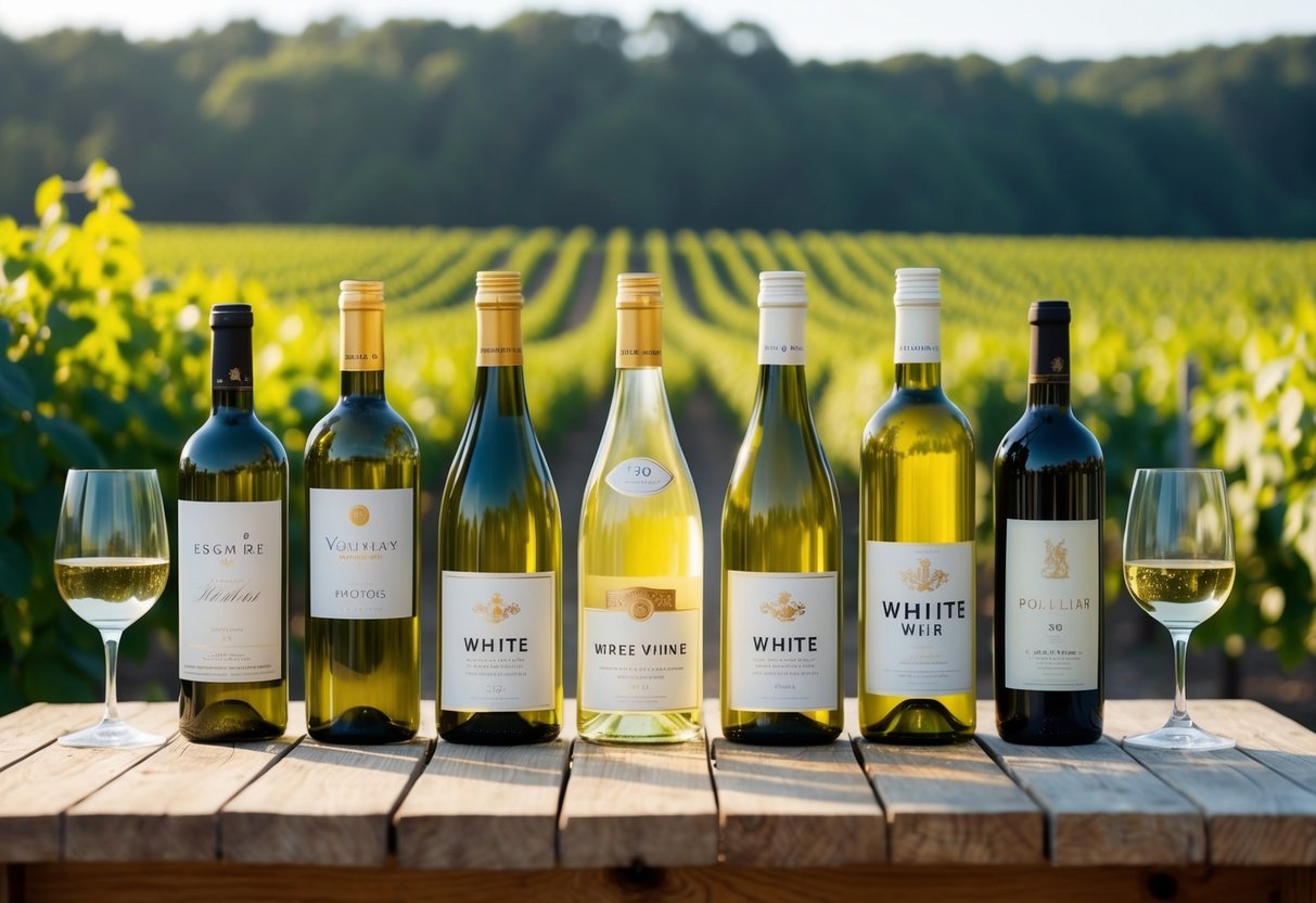 A rustic wooden table adorned with various bottles of white wine under $20, accompanied by elegant wine glasses and a lush vineyard backdrop