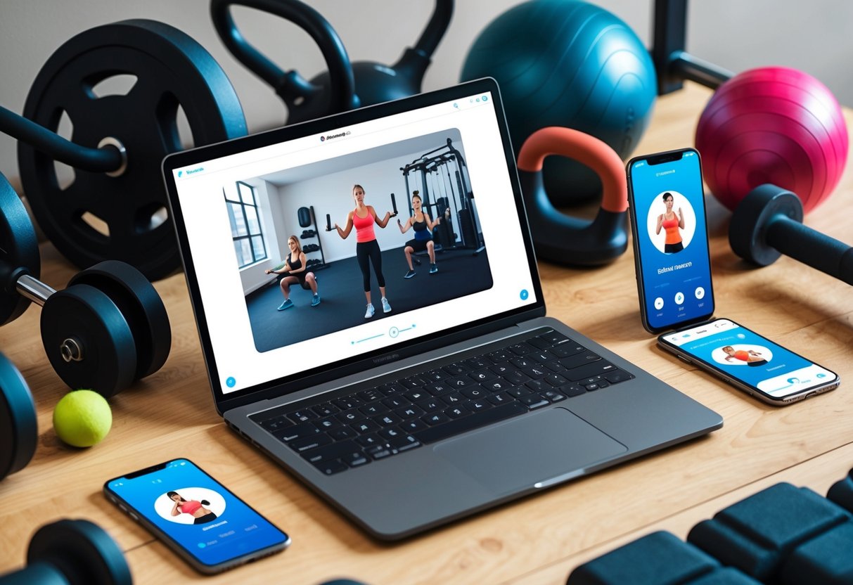 A laptop displaying a virtual training session with a fitness instructor, surrounded by various workout equipment and a smartphone with a fitness app open