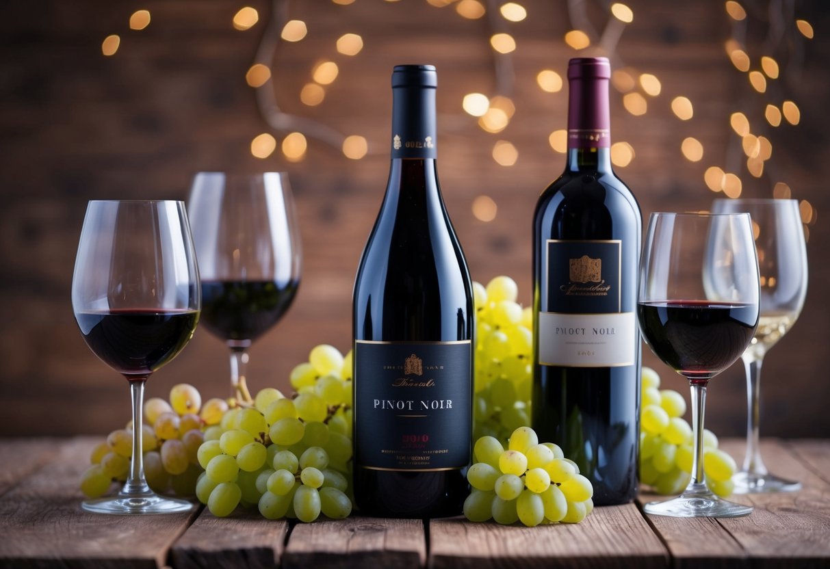 A bottle of Pinot noir wine surrounded by a variety of wine glasses, grapes, and a rustic wooden table