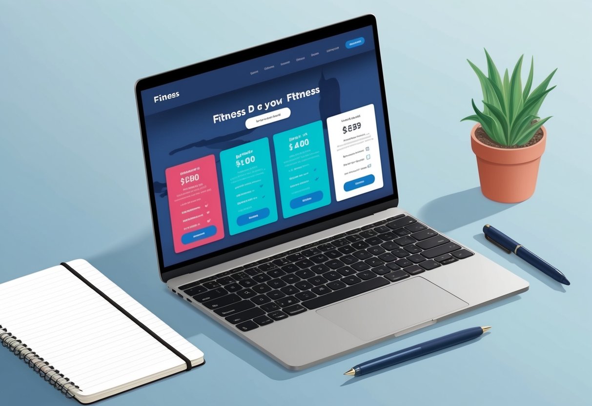 A laptop open to a fitness website with pricing options displayed. A pen and notebook sit nearby for note-taking