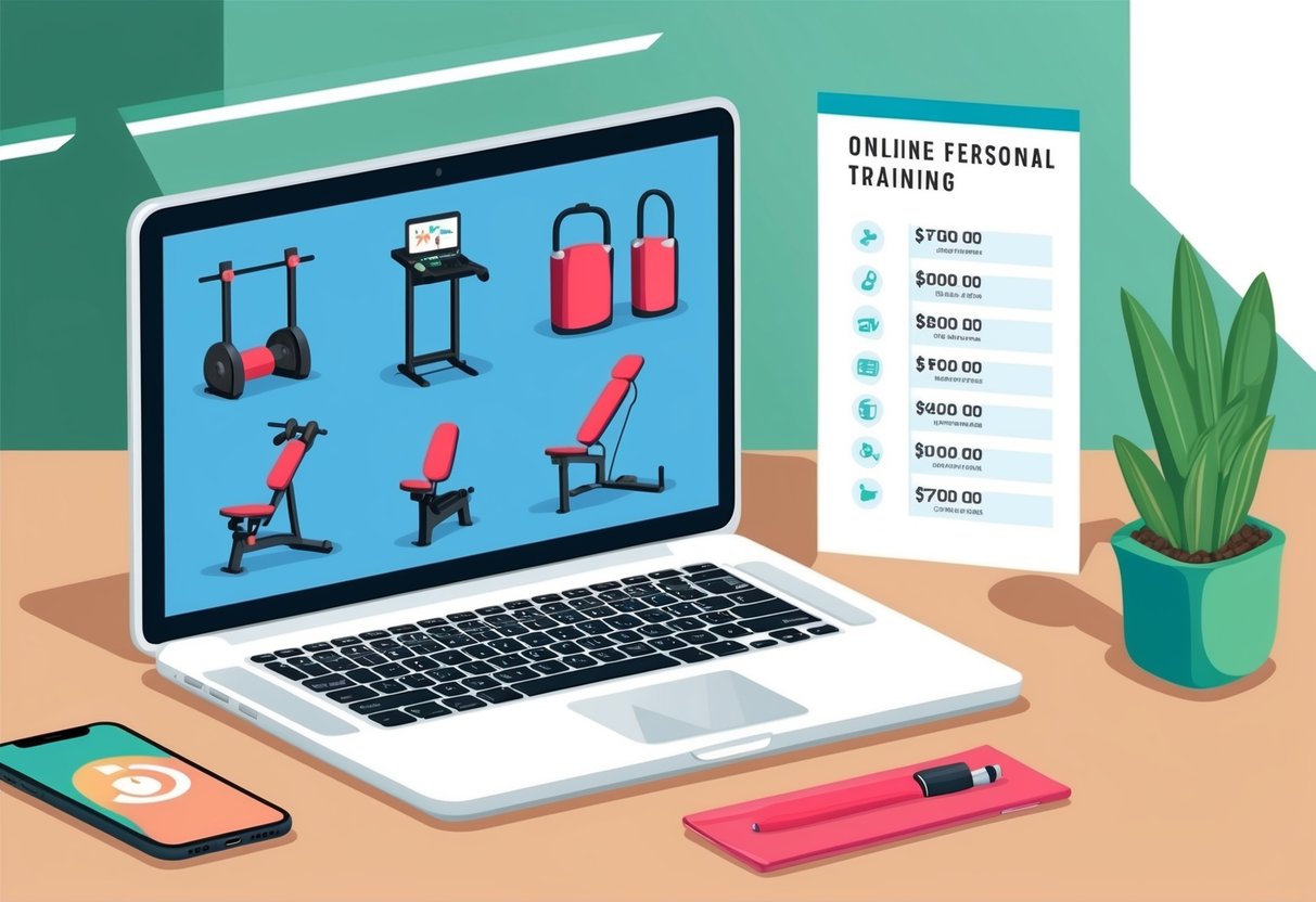 A laptop displaying various fitness equipment and a price list for online personal training