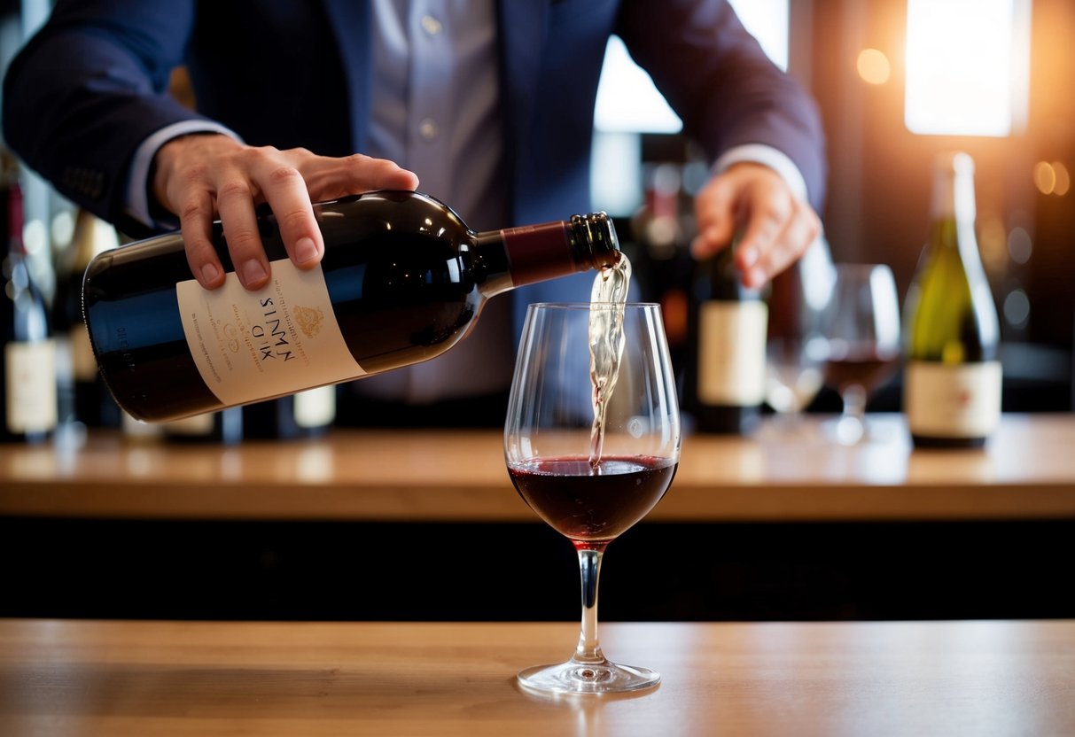 A hand reaching for a bottle of Pinot Noir, pouring a glass