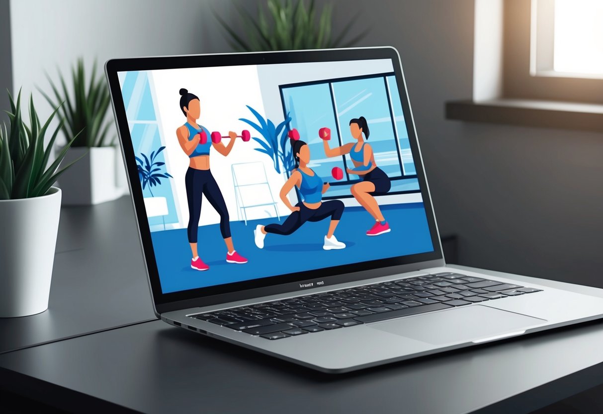A laptop open on a desk, displaying a virtual personal training session with a trainer demonstrating exercises and providing guidance