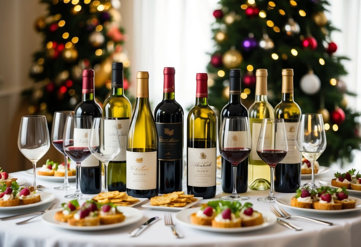 A table set with an assortment of elegant wine bottles and glasses, surrounded by festive decorations and appetizers