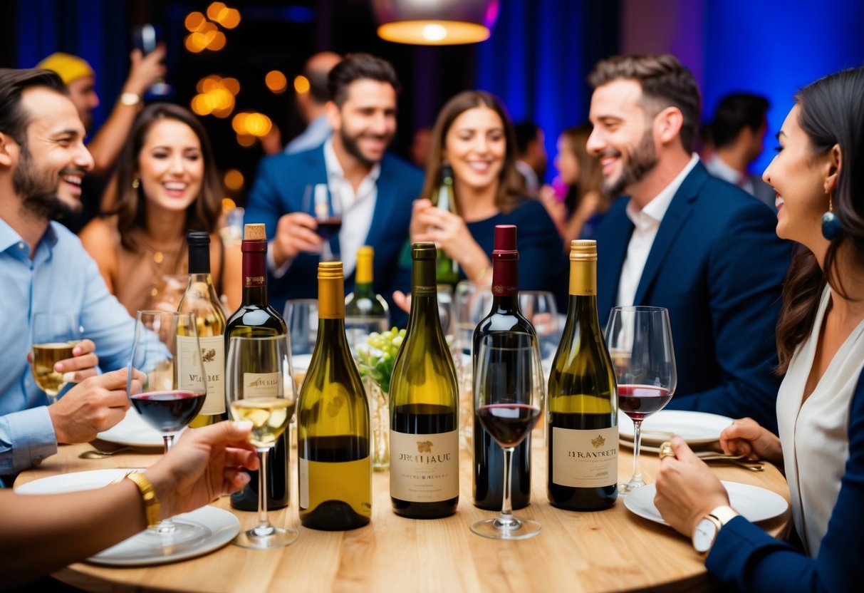 A table with various wine bottles and glasses, surrounded by people chatting and enjoying themselves at a lively party