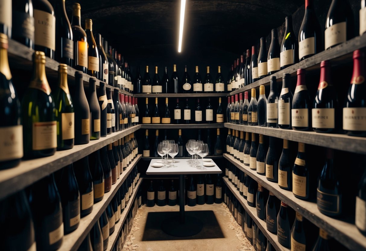 A dimly lit cellar with rows of dusty wine bottles, some with vintage labels, and a small table set with glasses for tasting