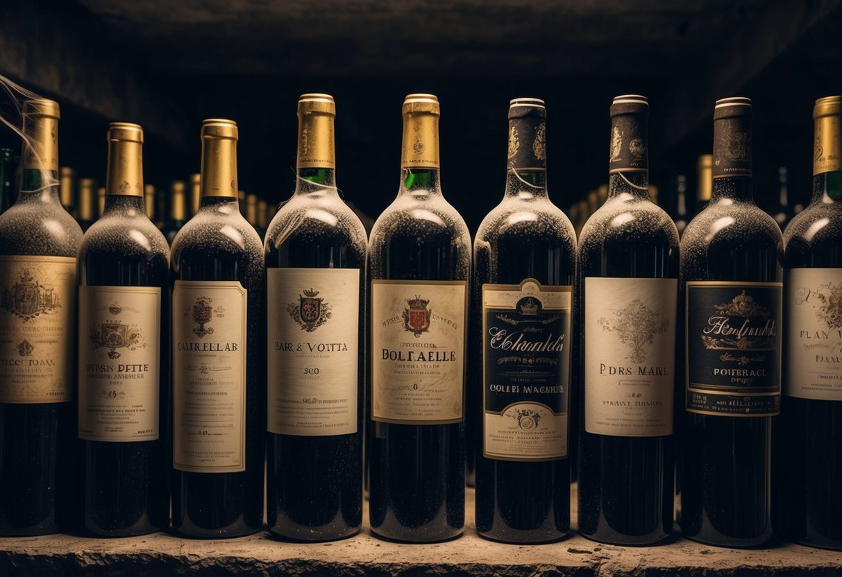 A dimly lit cellar with rows of dusty, cobweb-covered wine bottles, some with faded labels indicating rare vintages