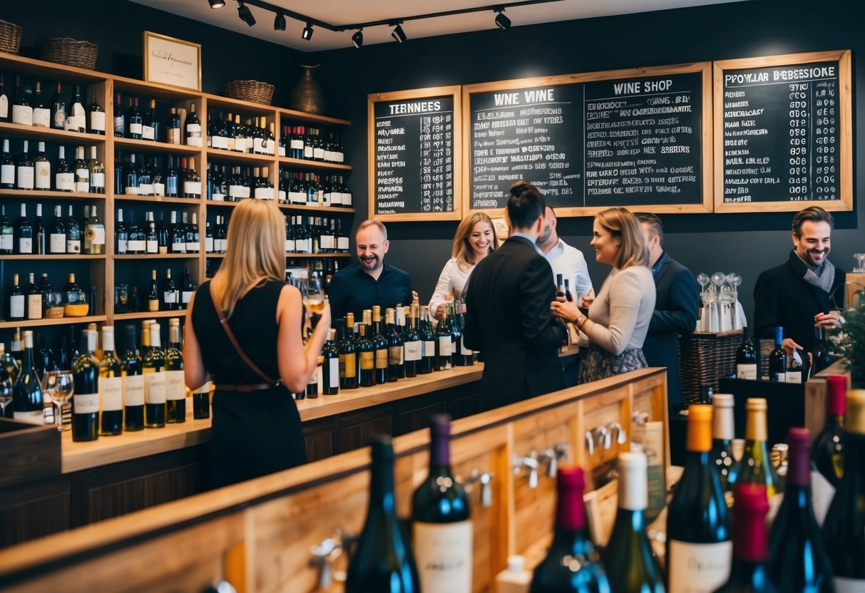 A bustling wine shop with shelves lined with various bottles, a tasting bar with patrons sampling different wines, and a chalkboard listing popular wine selections