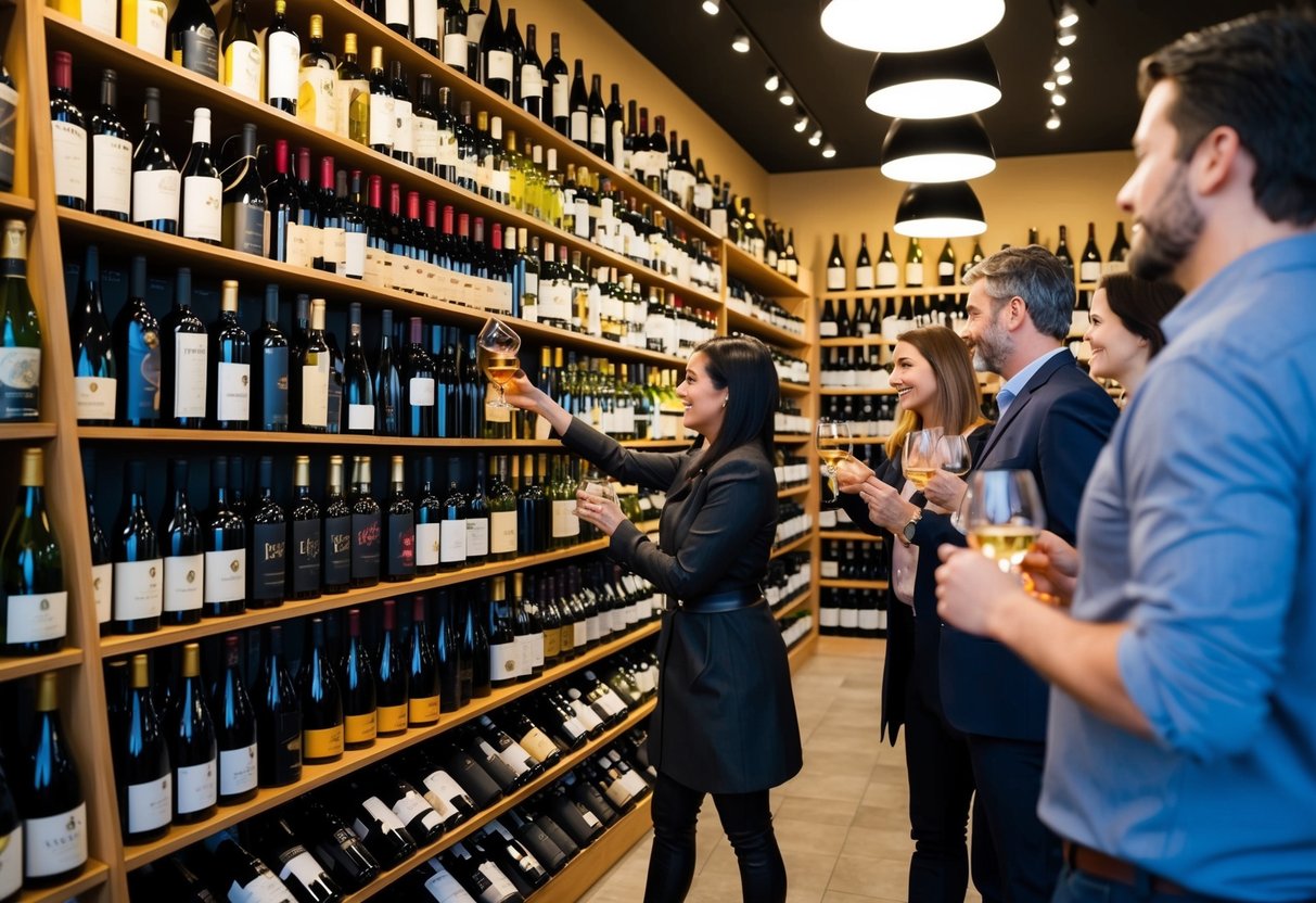 A bustling wine shop with shelves filled with various wine bottles from different regions, with customers sampling and purchasing popular wine selections