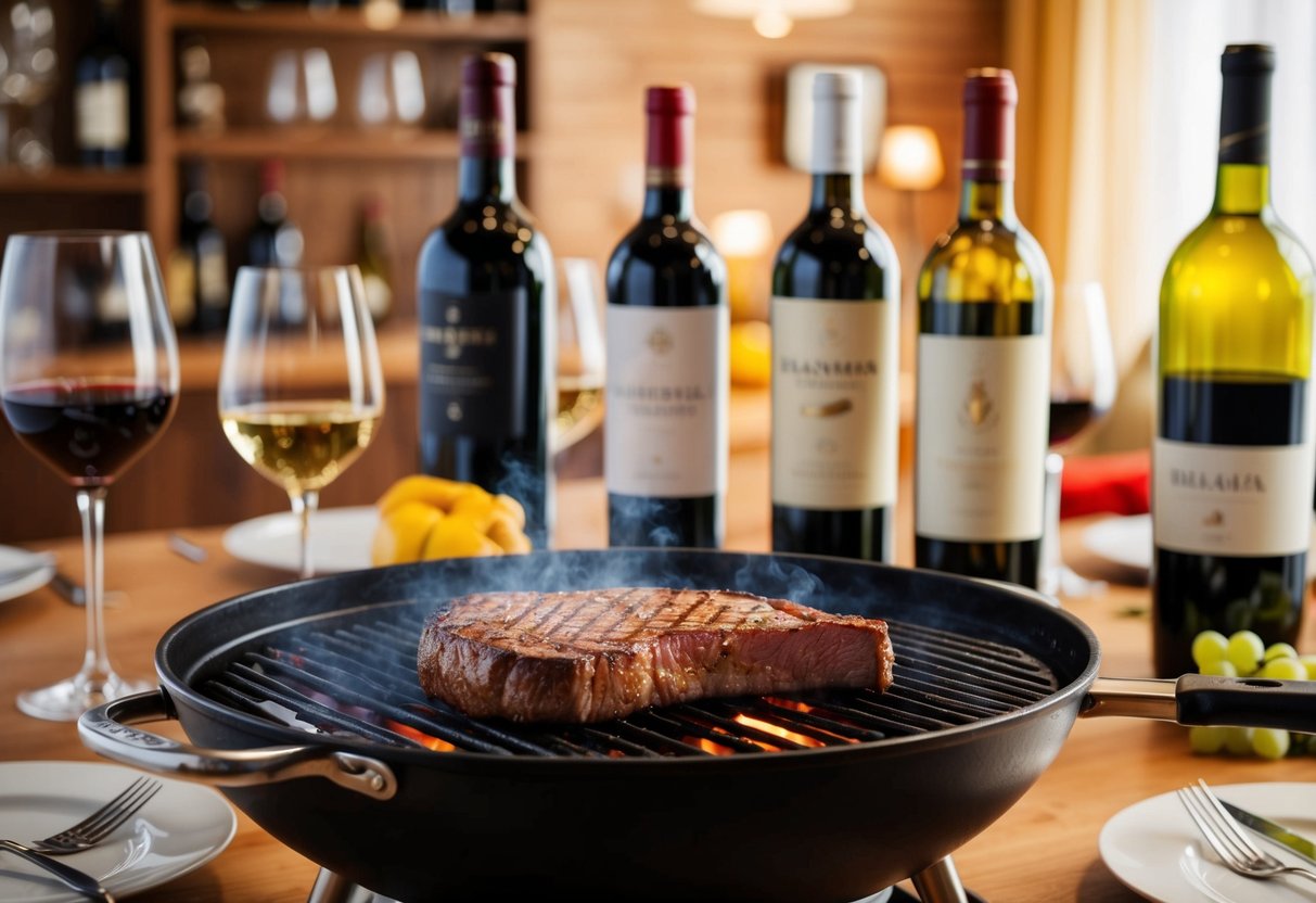 A juicy steak sizzling on a grill, surrounded by a variety of wine bottles and glasses, with a backdrop of a cozy dining setting