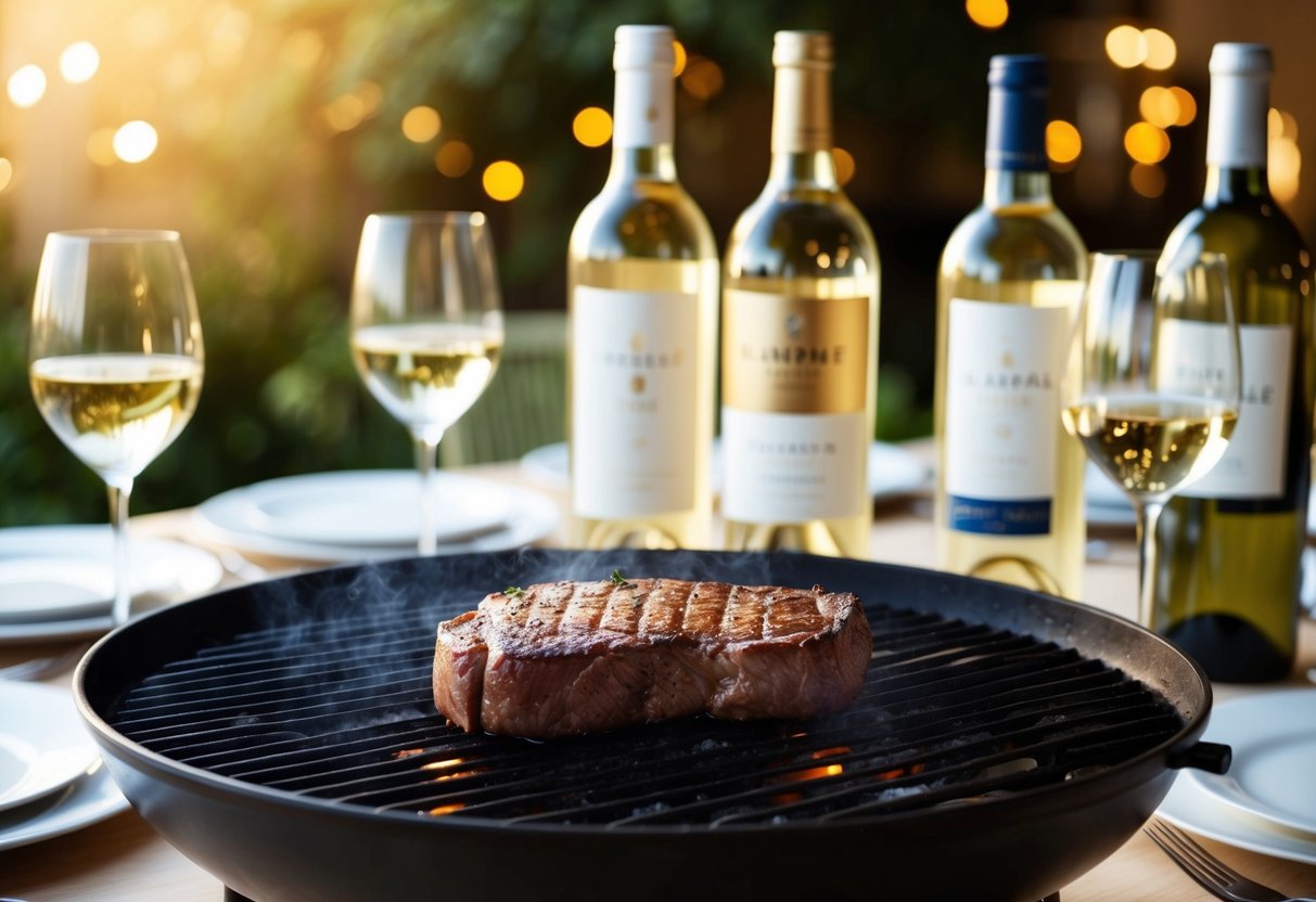 A juicy steak sizzling on a hot grill, surrounded by a variety of white wine bottles and glasses, with elegant table settings in the background