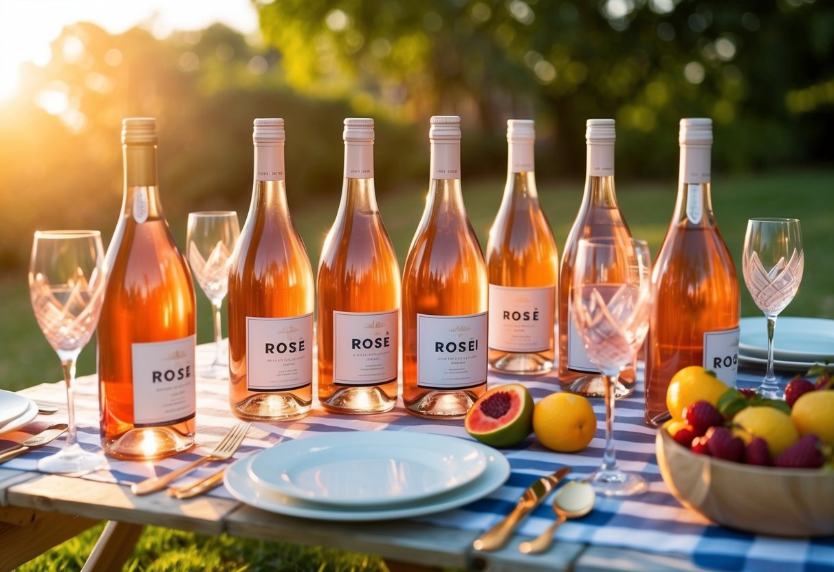 A picnic table set with a variety of chilled rosé bottles, surrounded by glasses and fresh summer fruits under the warm sun