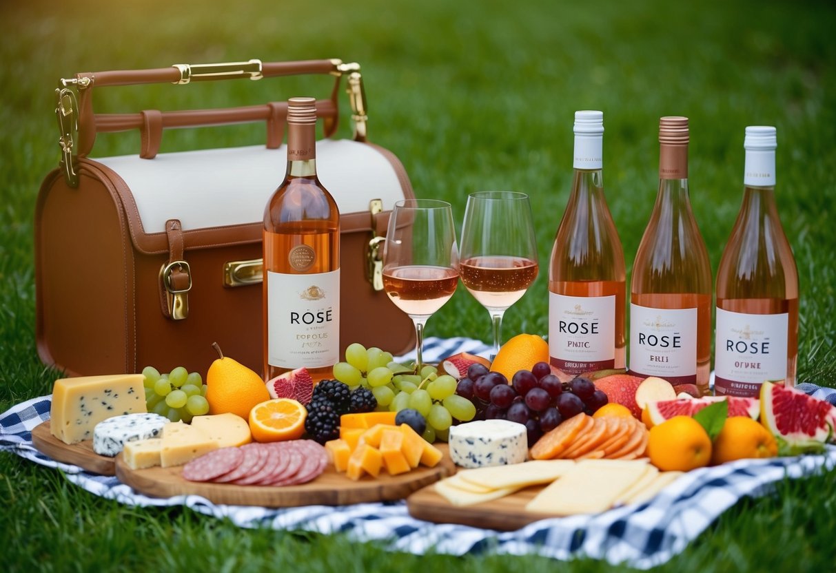 A picnic spread with a variety of fresh fruits, cheeses, and charcuterie, alongside a selection of chilled rosé wines in elegant glassware