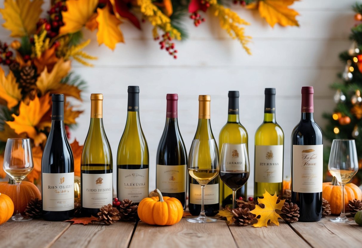 A table set with an assortment of wine bottles and glasses, surrounded by autumn foliage and festive decor