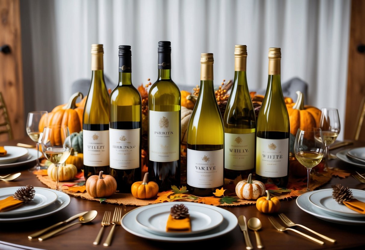 A festive table set with a variety of white wine bottles, surrounded by autumnal decor and dishes, ready for a Thanksgiving celebration