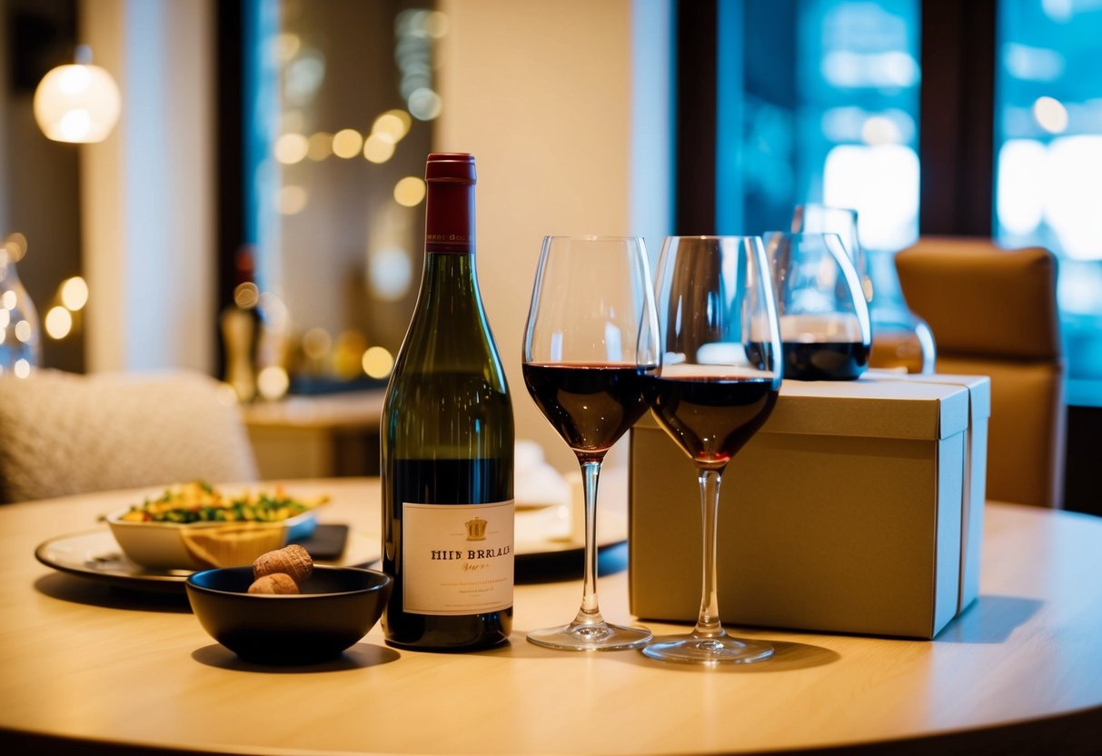 A table with a boxed wine, glasses, and a cozy setting