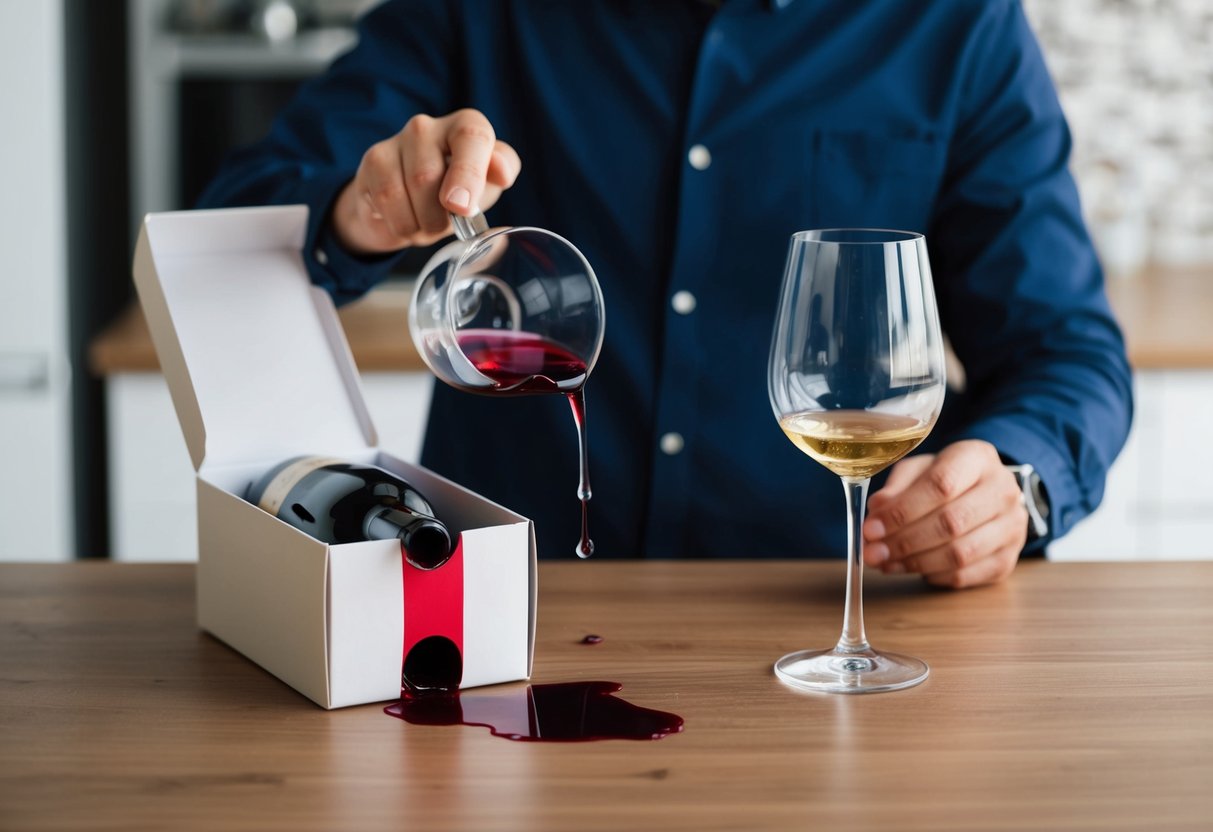 A spilled box of wine with leaking liquid and a disappointed person holding a broken wine glass