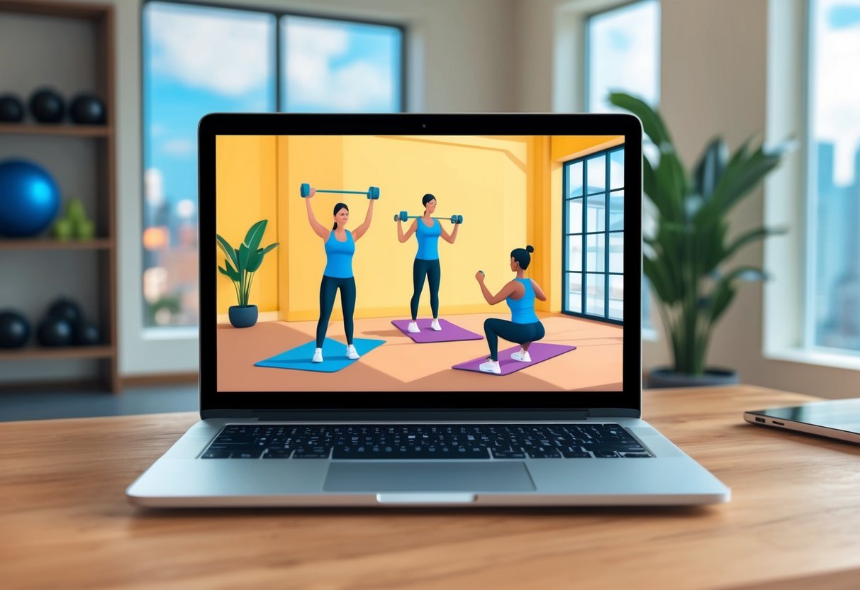 A laptop displaying a virtual personal training session with a trainer guiding a client through exercises in a well-lit and spacious room