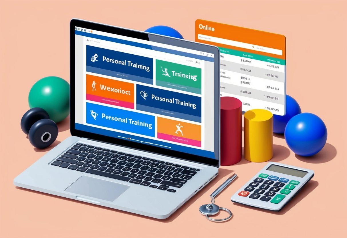 A laptop displaying various online personal training websites, surrounded by workout equipment and a calculator for cost comparison