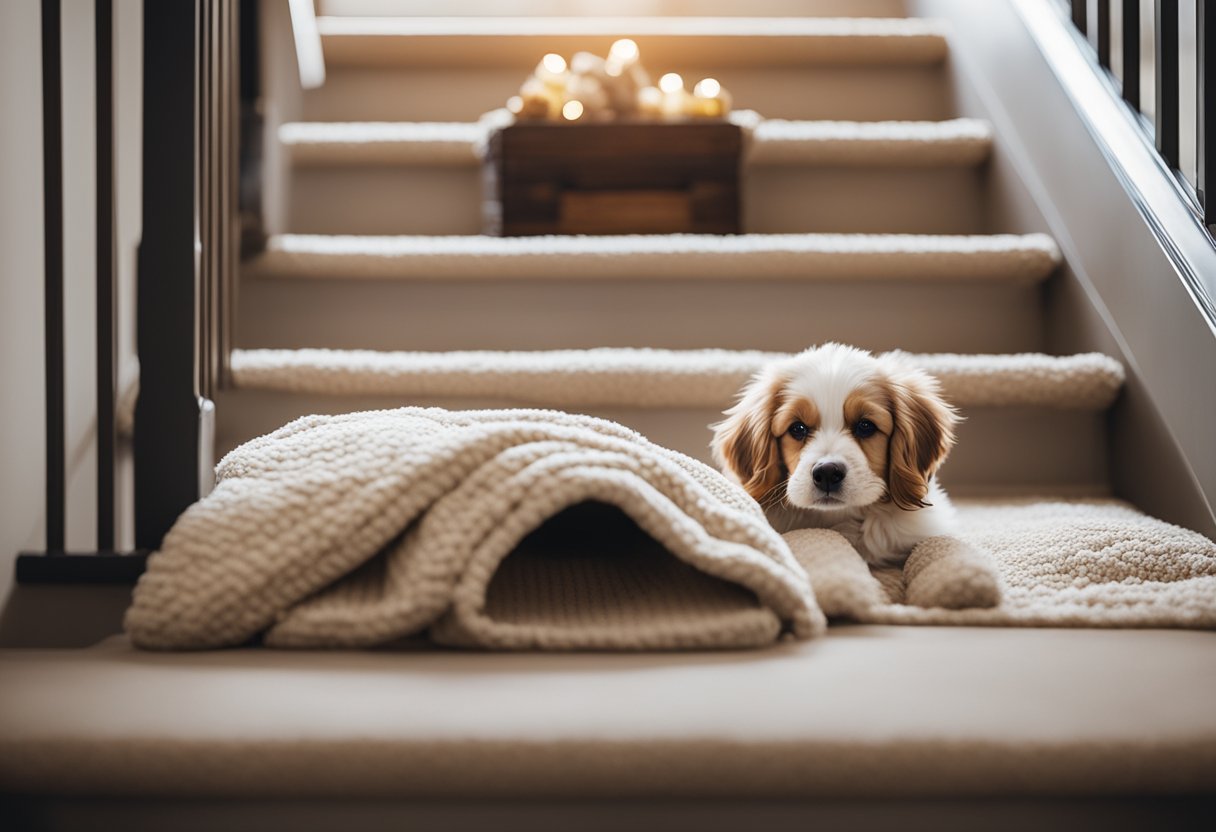 A cozy dog bed tucked under a staircase, with soft blankets and toys scattered around, creating a perfect hideaway for a furry friend