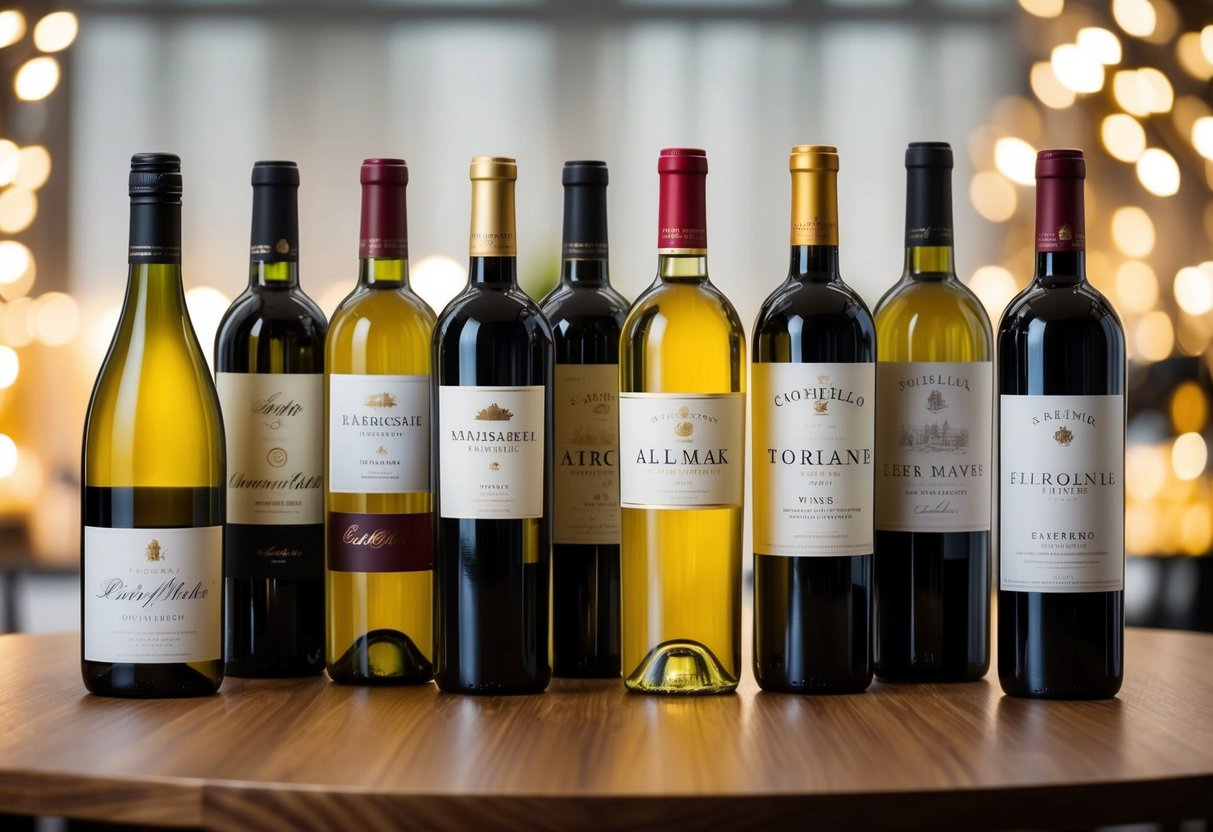 A collection of best-selling wines arranged on a wooden table, with elegant labels and varying bottle shapes and sizes