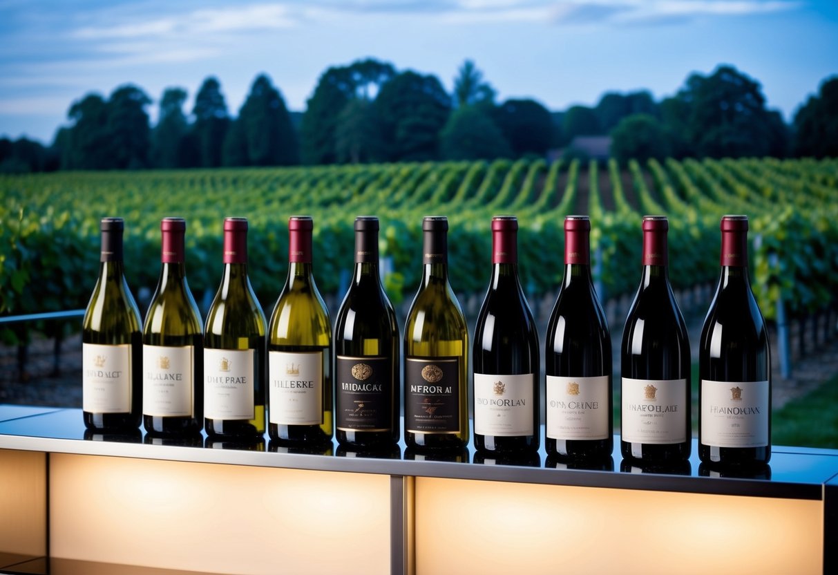 A display of top-selling wine bottles arranged on a sleek, modern shelf with elegant lighting and a backdrop of lush vineyards